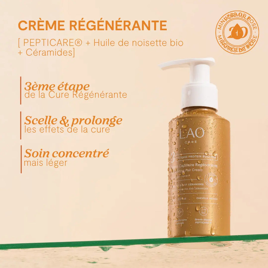 Crème Capillaire Régénérante bond repair LAO Care, flacon pompe doré, PEPTICARE et céramides