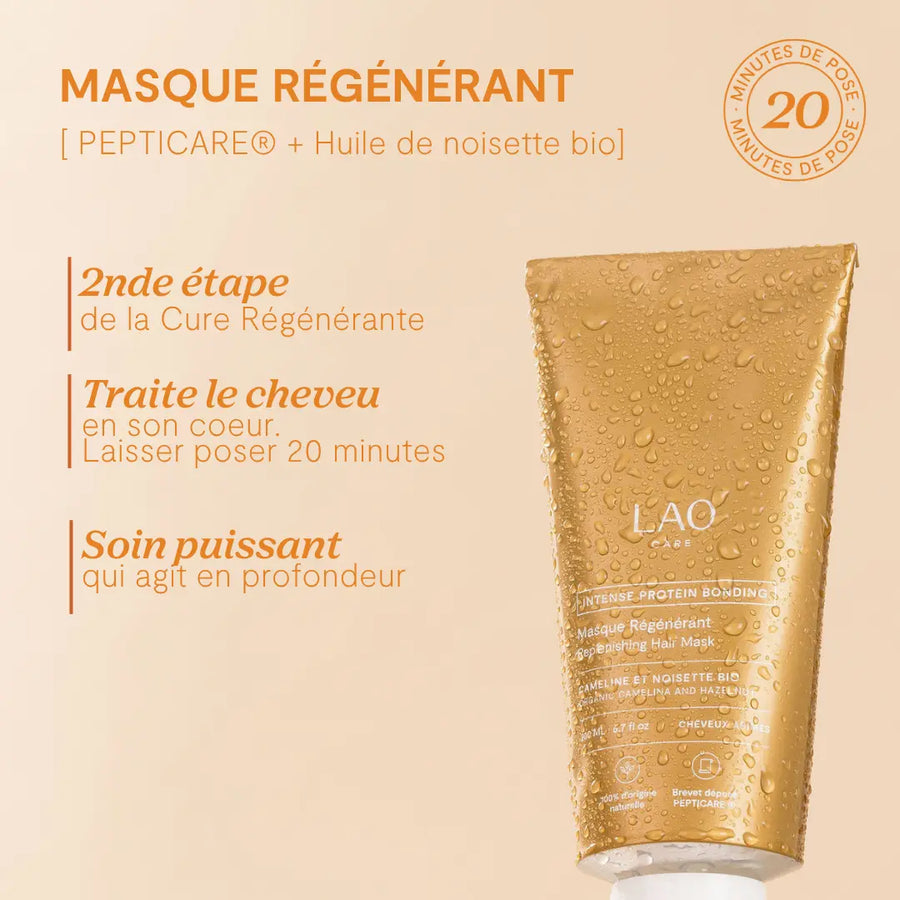 Masque Régénérant bond repair LAO Care, tube doré, PEPTICARE et huile de noisette bio, pose 20 min