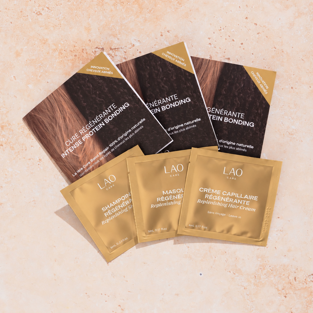 Échantillon de la Cure Régénérante bond repair LAO Care : les 3 sachets (shampoing, masque, crème)