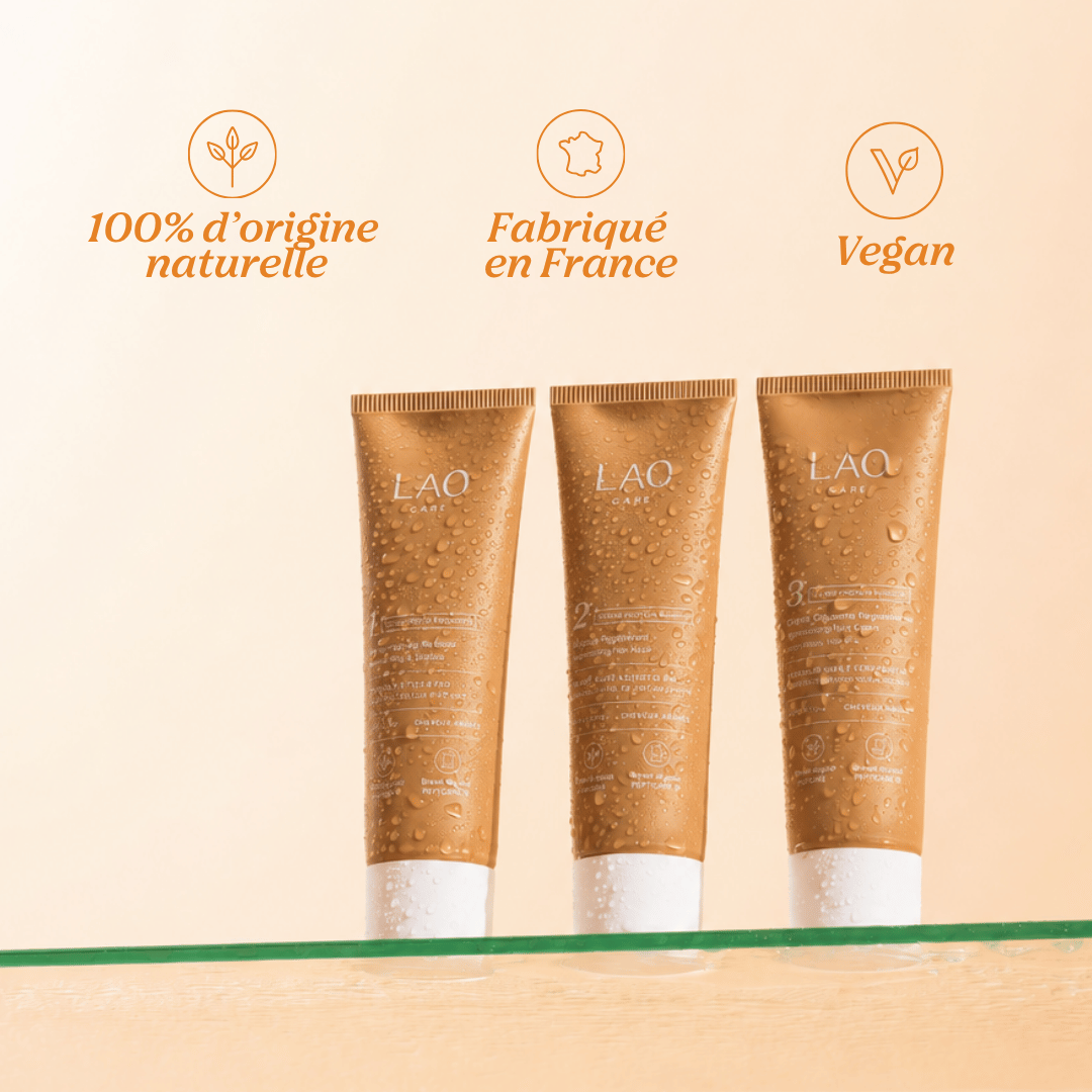 3 tubes de voyage de la Cure Bond Repair LAO Care : naturels, fabriqués en France, vegan