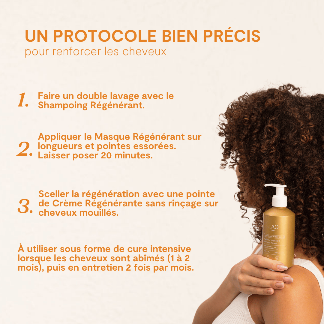 Mujer de pelo rizado con el Champú Bond Repair, protocolo del Tratamiento LAO Care