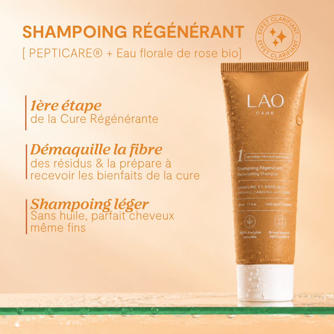 Champú Bond Repair LAO Care formato viaje, PEPTICARE y agua floral de rosa bio