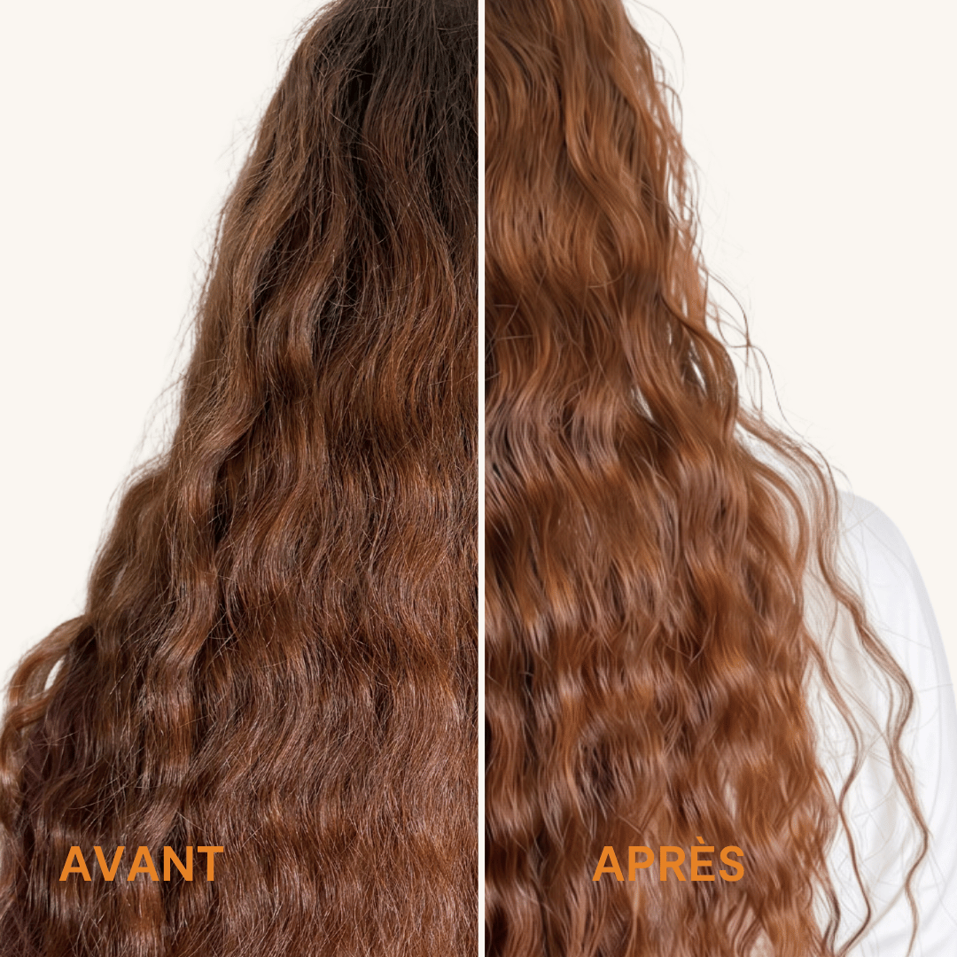 Prima / dopo Olio Illuminante Capelli LAO Care su capelli castano ramato mossi, più luminosi