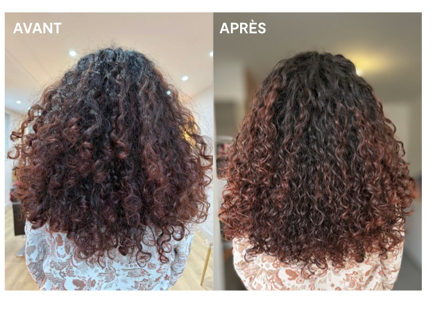 Cheveux épais bouclés bruns, avant et après Silicone Détox